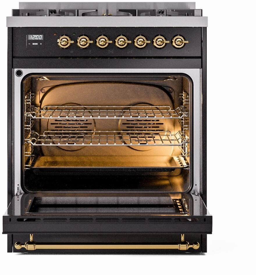 Ilve UP30NMPBKGLP Nostalgie Ii 30 Inch Dual Fuel Liquid Propane Freestanding Range In Glossy Black With Brass Trim