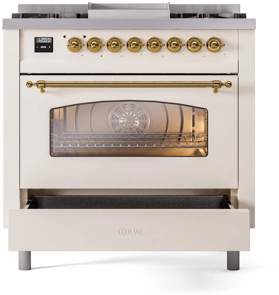 Ilve UP36FNMPAWG Nostalgie Ii 36 Inch Dual Fuel Natural Gas Freestanding Range In Antique White With Brass Trim