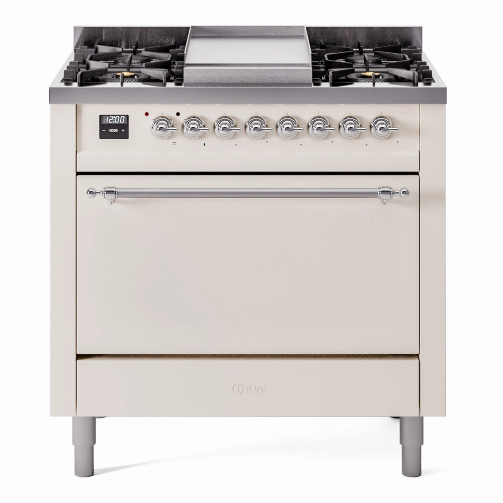 Ilve UP36FQNMPAWC Nostalgie Ii 36 Inch Dual Fuel Natural Gas Freestanding Range In Antique White With Chrome Trim