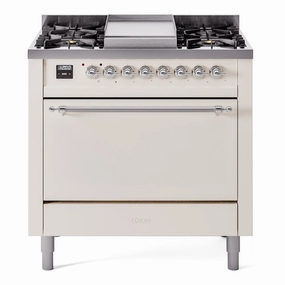 Ilve UP36FQNMPAWC Nostalgie Ii 36 Inch Dual Fuel Natural Gas Freestanding Range In Antique White With Chrome Trim
