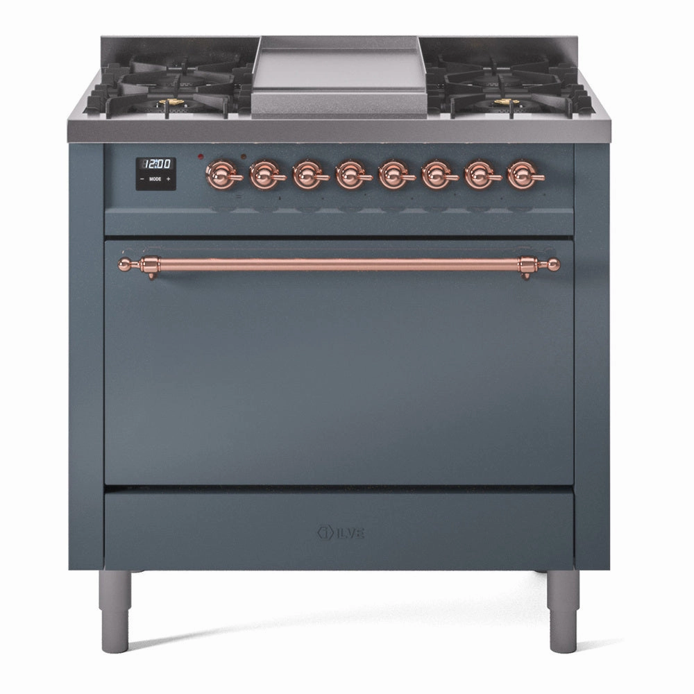 Ilve UP36FQNMPBGP Nostalgie Ii 36 Inch Dual Fuel Natural Gas Freestanding Range In Blue Grey With Copper Trim