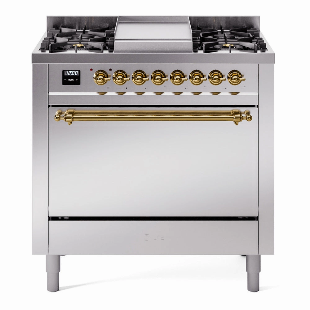Ilve UP36FQNMPSSG Nostalgie Ii 36 Inch Dual Fuel Natural Gas Freestanding Range In Stainless Steel With Brass Trim
