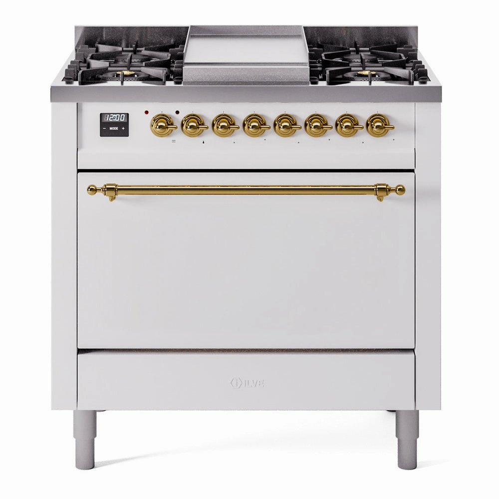 Ilve UP36FQNMPWHG Nostalgie Ii 36 Inch Dual Fuel Natural Gas Freestanding Range In White With Brass Trim