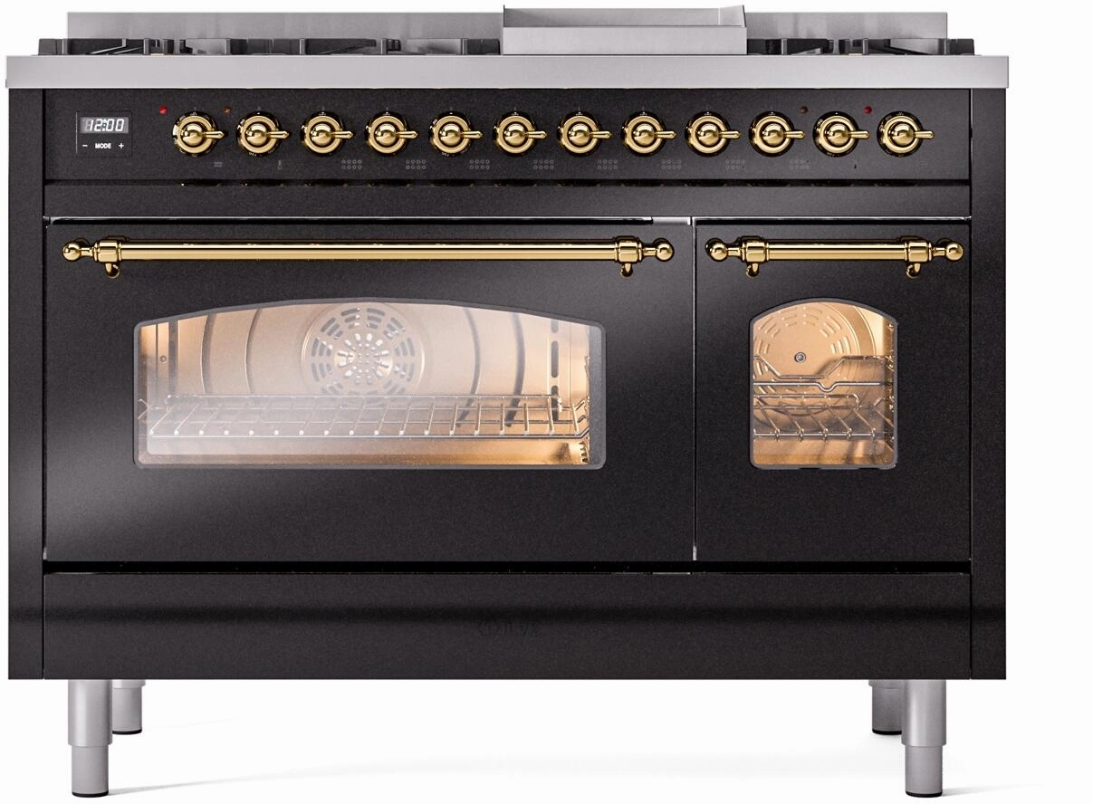 Ilve UP48FNMPBKGLP Nostalgie Ii 48 Inch Dual Fuel Liquid Propane Freestanding Range In Glossy Black With Brass Trim