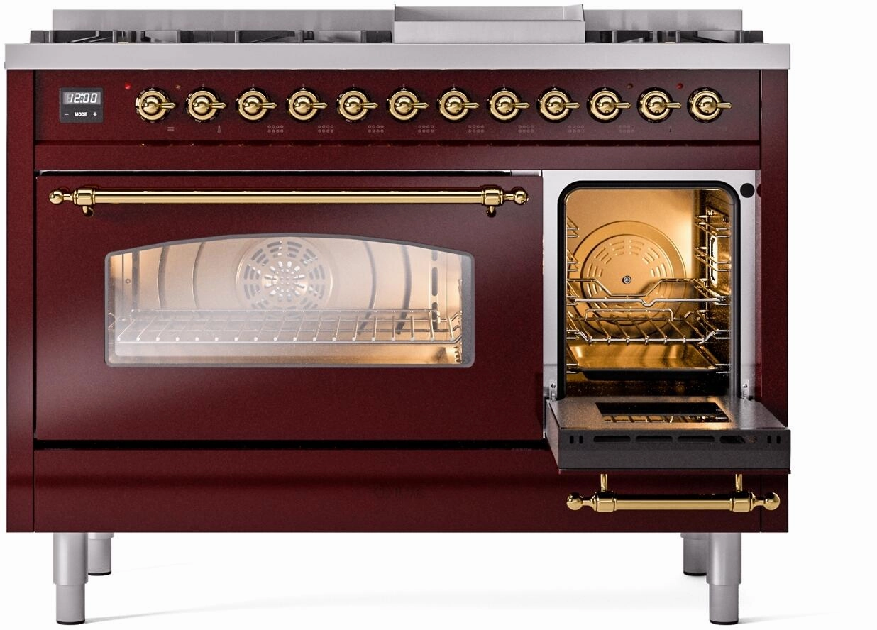 Ilve UP48FNMPBUGLP Nostalgie Ii 48 Inch Dual Fuel Liquid Propane Freestanding Range In Burgundy With Brass Trim