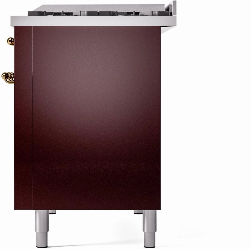 Ilve UP48FNMPBUGLP Nostalgie Ii 48 Inch Dual Fuel Liquid Propane Freestanding Range In Burgundy With Brass Trim