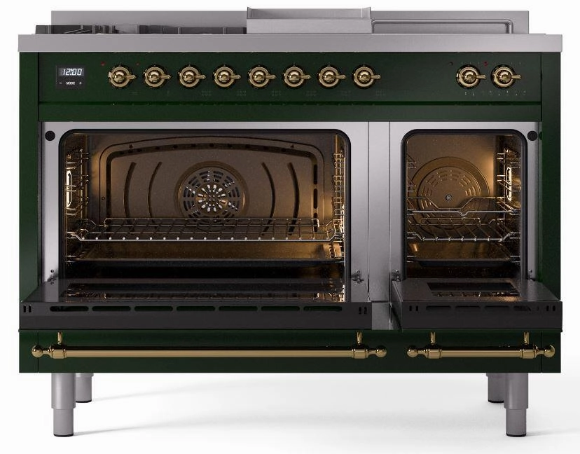Ilve UP48FSNMPEGG Nostalgie Ii 48 Inch Dual Fuel Natural Gas Freestanding Range In Emerald Green With Brass Trim
