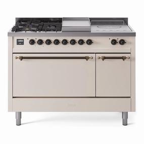 Ilve UP48FSQNMPAWBLP Nostalgie Ii 48 Inch Dual Fuel Liquid Propane Freestanding Range In Antique White With Bronze Trim