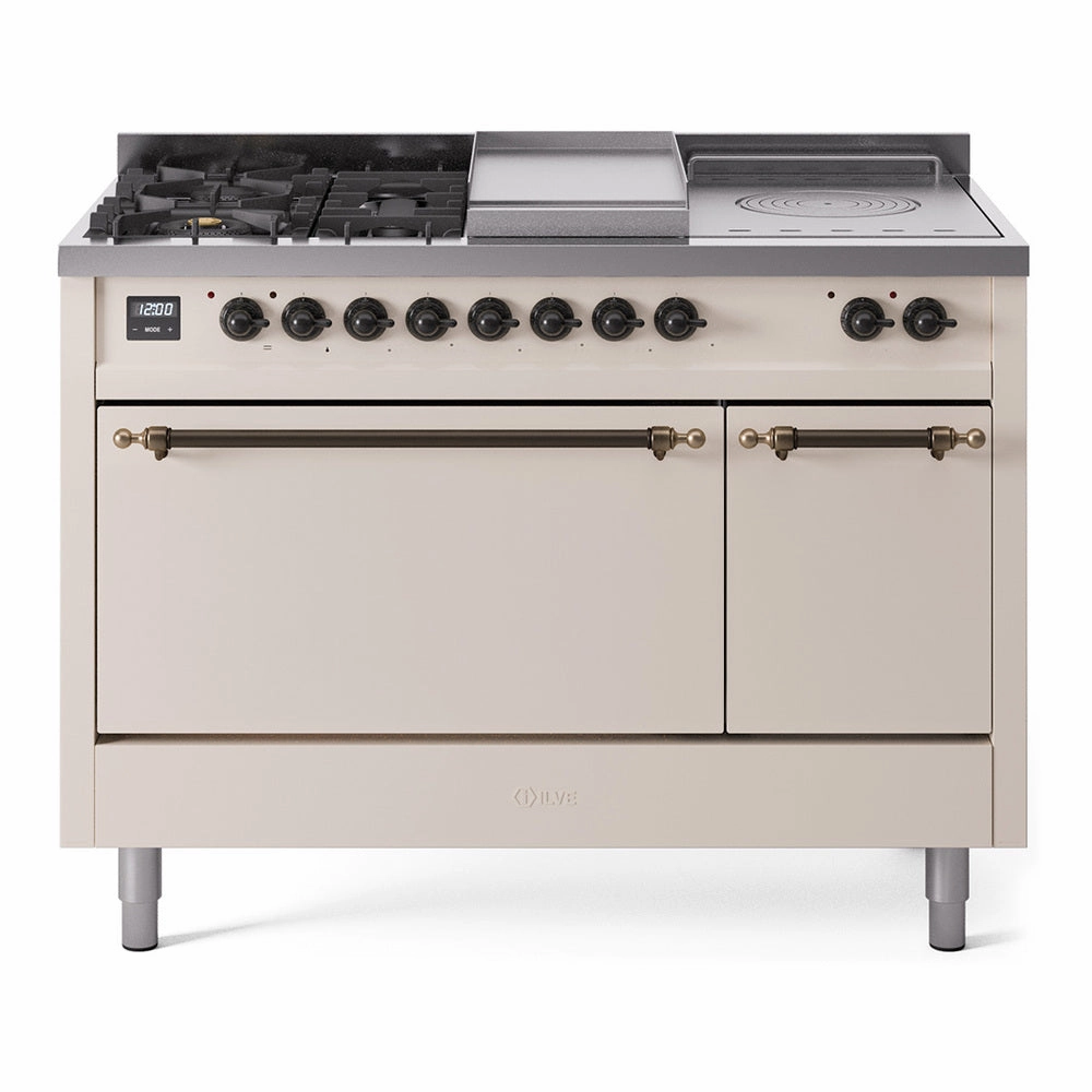 Ilve UP48FSQNMPAWBLP Nostalgie Ii 48 Inch Dual Fuel Liquid Propane Freestanding Range In Antique White With Bronze Trim