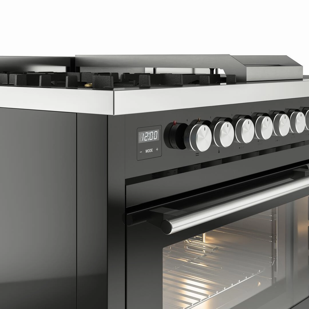 Ilve UP48FSWMPBK Professional Plus Ii 48 Inch Dual Fuel Natural Gas Freestanding Range In Glossy Black With Trim