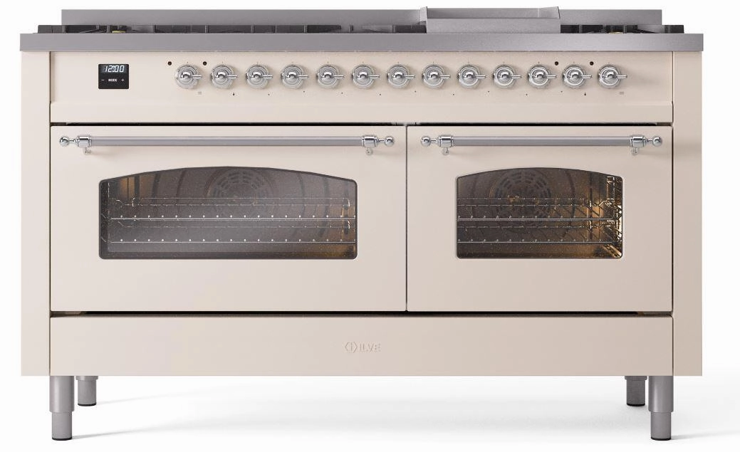 Ilve UP60FNMPAWC Nostalgie Ii 60 Inch Dual Fuel Natural Gas Freestanding Range In Antique White With Chrome Trim