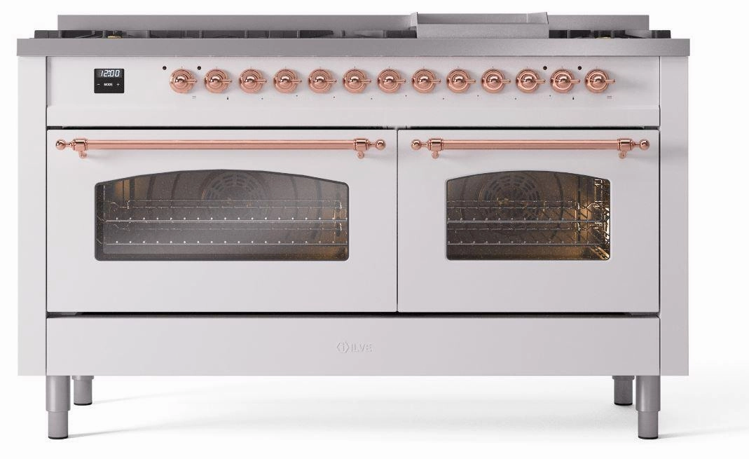Ilve UP60FNMPWHPLP Nostalgie Ii 60 Inch Dual Fuel Liquid Propane Freestanding Range In White With Copper Trim