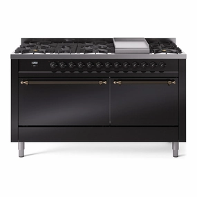 Ilve UP60FQNMPBKBLP Nostalgie Ii 60 Inch Dual Fuel Liquid Propane Freestanding Range In Glossy Black With Bronze Trim