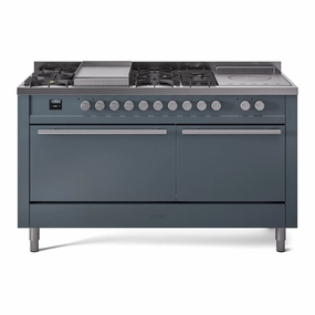 Ilve UP60FSQMPBG Professional Plus Ii 60 Inch Dual Fuel Natural Gas Freestanding Range In Blue Grey With Trim