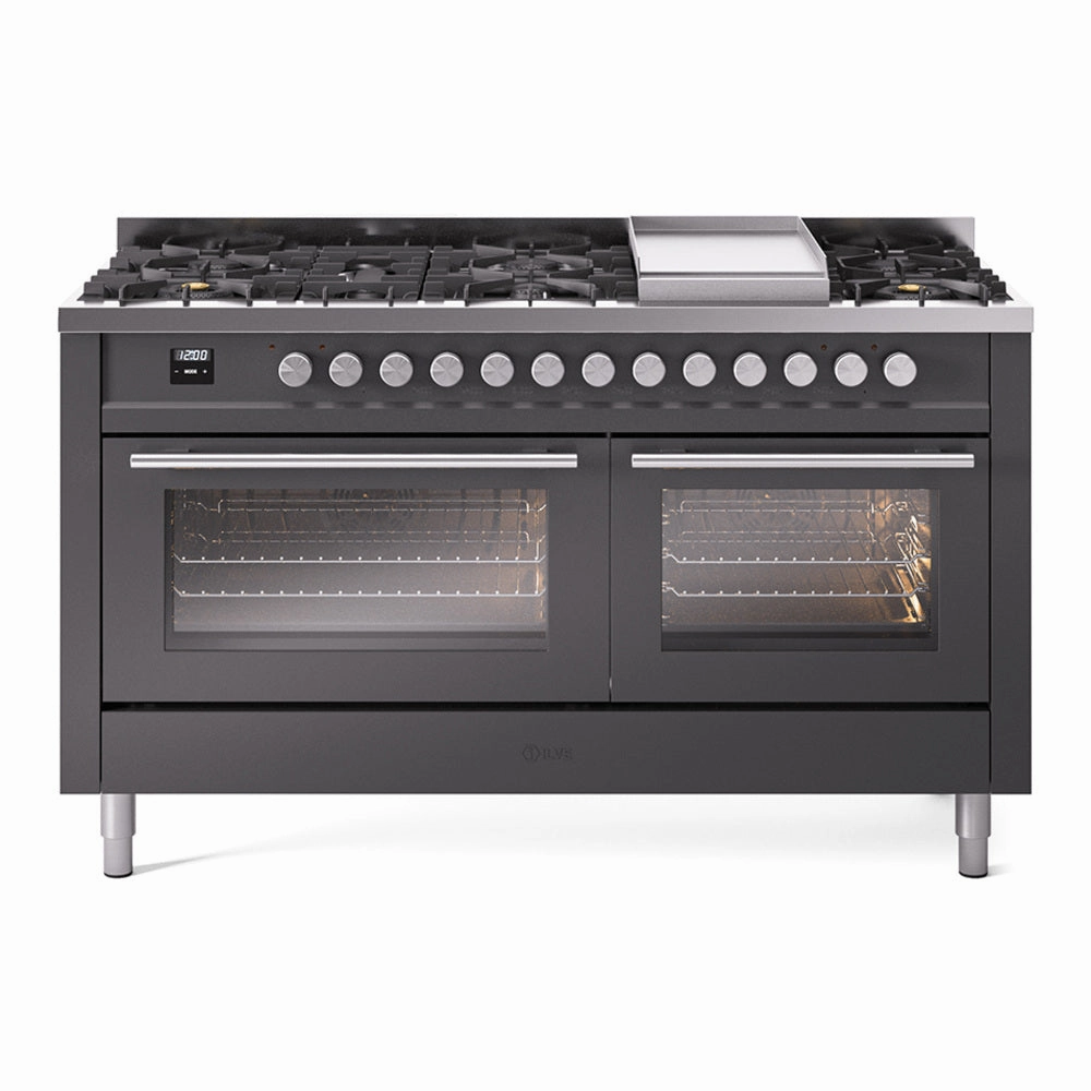 Ilve UP60FWMPMG Professional Plus Ii 60 Inch Dual Fuel Natural Gas Freestanding Range In Matte Graphite With Trim
