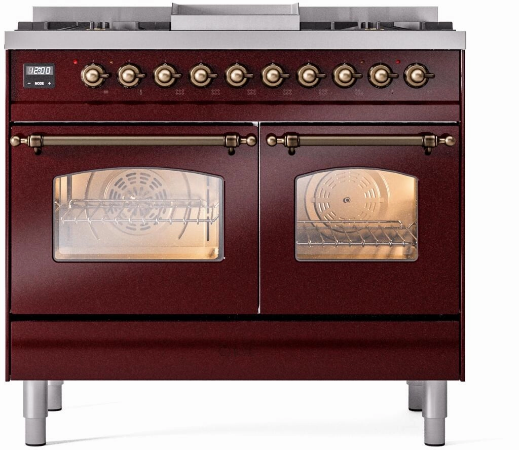 Ilve UPD40FNMPBUBLP Nostalgie Ii 40 Inch Dual Fuel Liquid Propane Freestanding Range In Burgundy With Bronze Trim