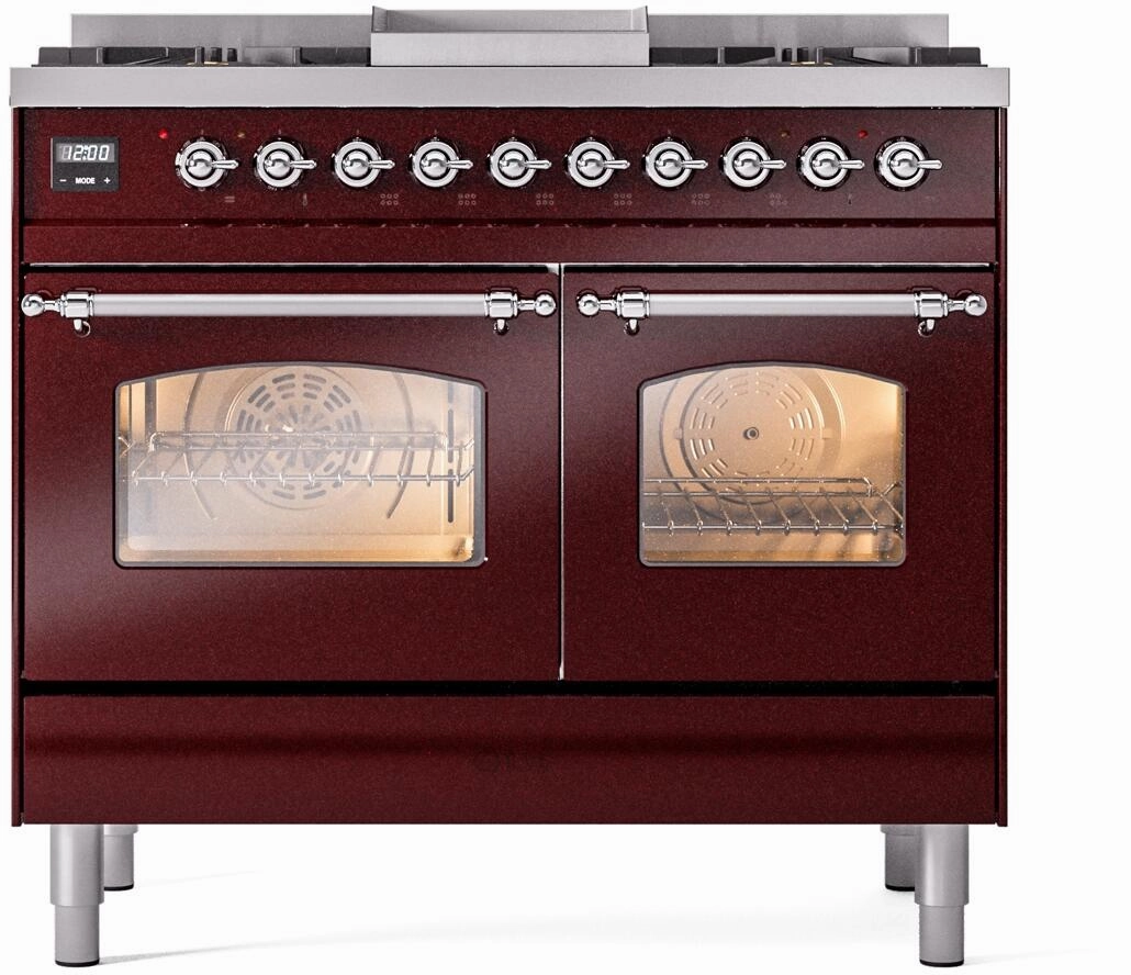 Ilve UPD40FNMPBUC Nostalgie Ii 40 Inch Dual Fuel Natural Gas Freestanding Range In Burgundy With Chrome Trim