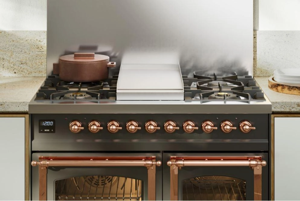 Ilve UPD40FNMPWHGLP Nostalgie Ii 40 Inch Dual Fuel Liquid Propane Freestanding Range In White With Brass Trim