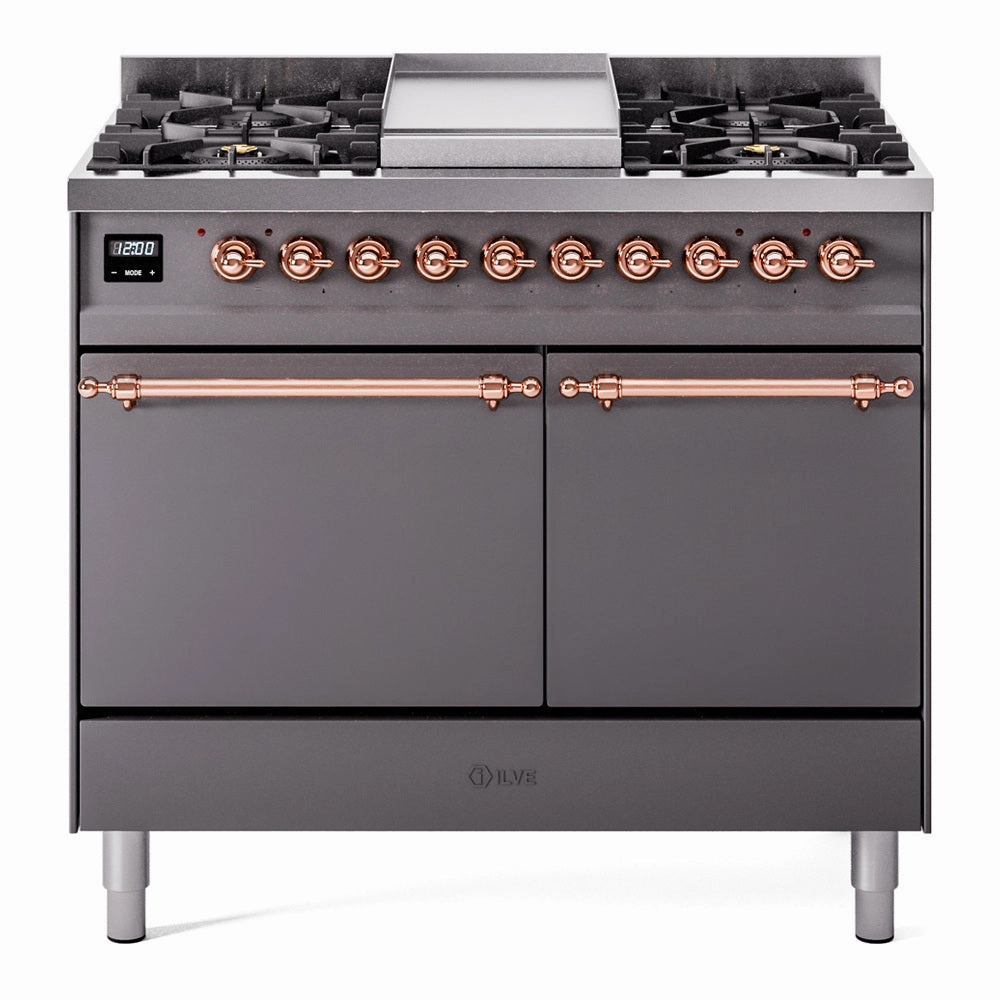 Ilve UPD40FQNMPMGP Nostalgie Ii 40 Inch Dual Fuel Natural Gas Freestanding Range In Matte Graphite With Copper Trim