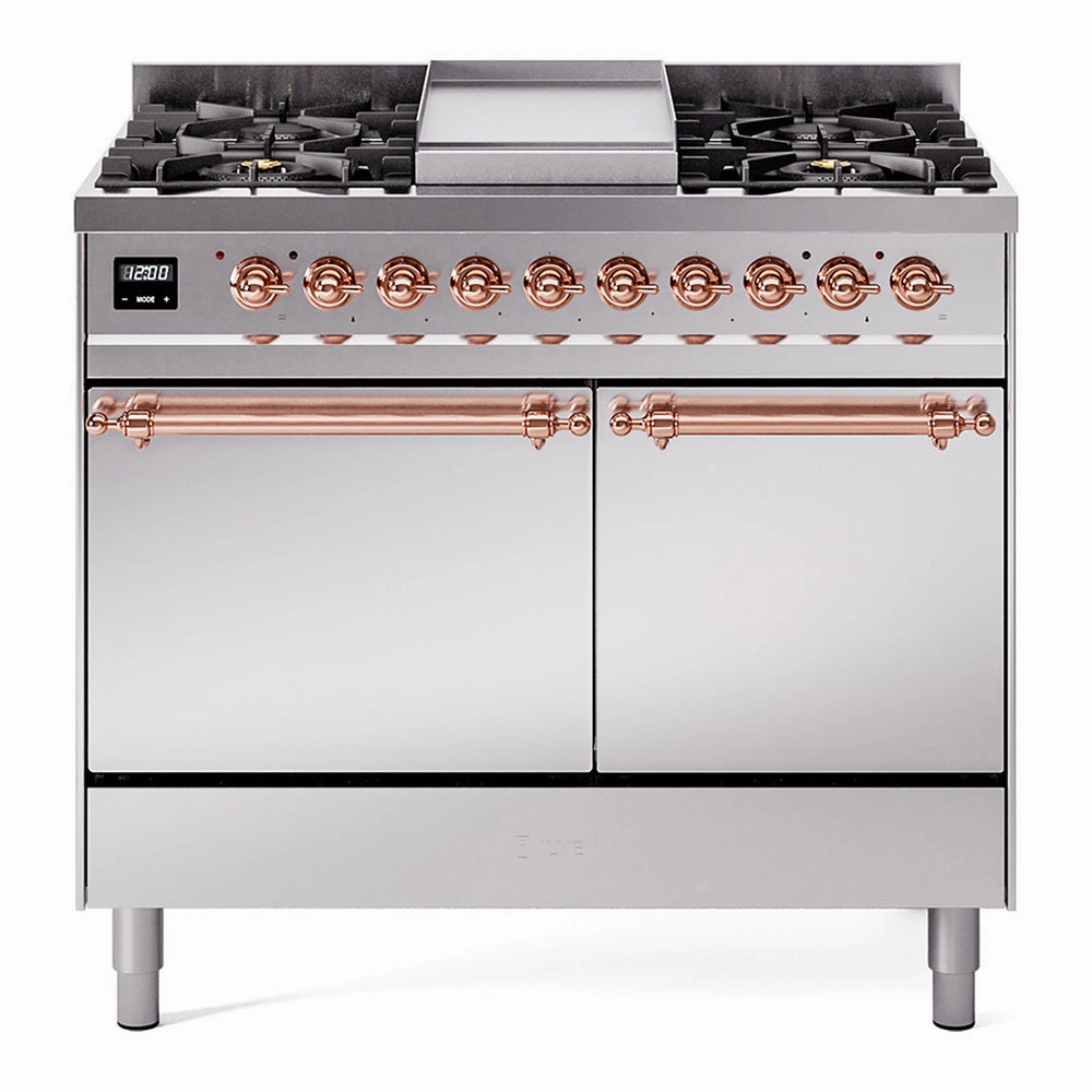 Ilve UPD40FQNMPSSP Nostalgie Ii 40 Inch Dual Fuel Natural Gas Freestanding Range In Stainless Steel With Copper Trim