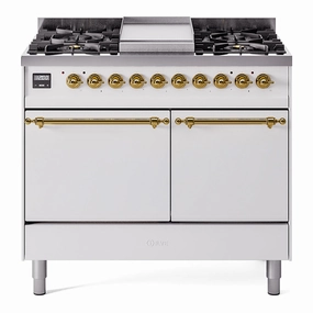 Ilve UPD40FQNMPWHGLP Nostalgie Ii 40 Inch Dual Fuel Liquid Propane Freestanding Range In White With Brass Trim