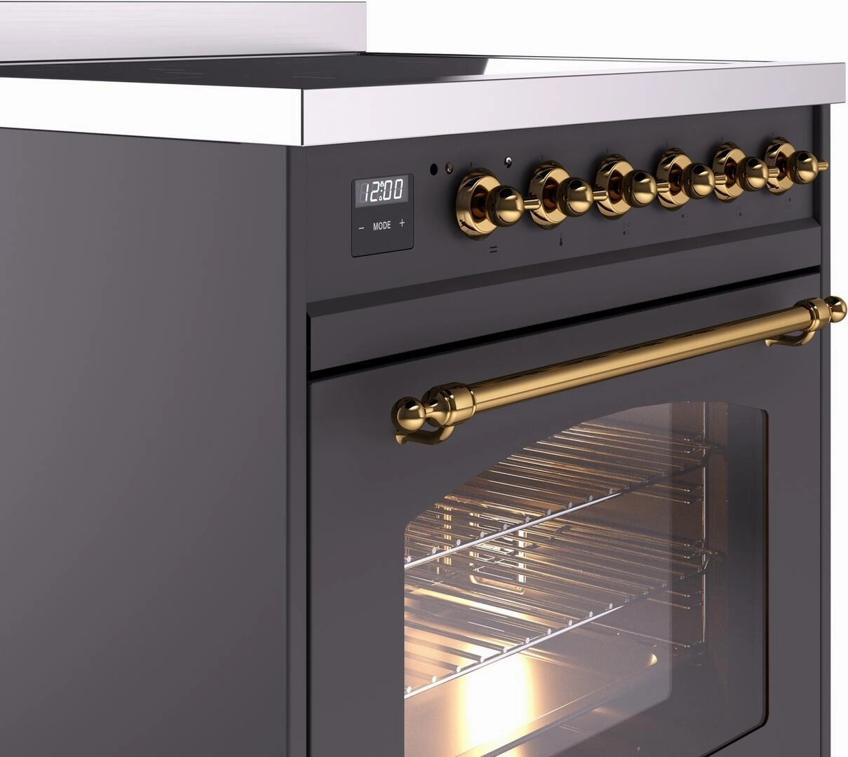 Ilve UPI304NMPMGG Nostalgie Ii 30 Inch Electric Freestanding Range In Matte Graphite With Brass Trim
