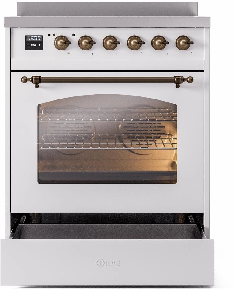 Ilve UPI304NMPWHB Nostalgie Ii 30 Inch Electric Freestanding Range In White With Bronze Trim