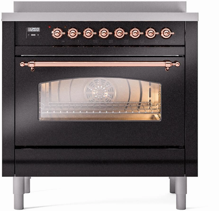 Ilve UPI366NMPBKP Nostalgie Ii 36 Inch Electric Freestanding Range In Glossy Black With Copper Trim
