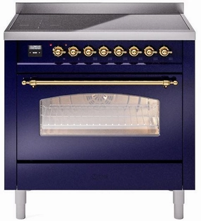 Ilve UPI366NMPMBG Nostalgie Ii 36 Inch Electric Freestanding Range In Blue With Brass Trim