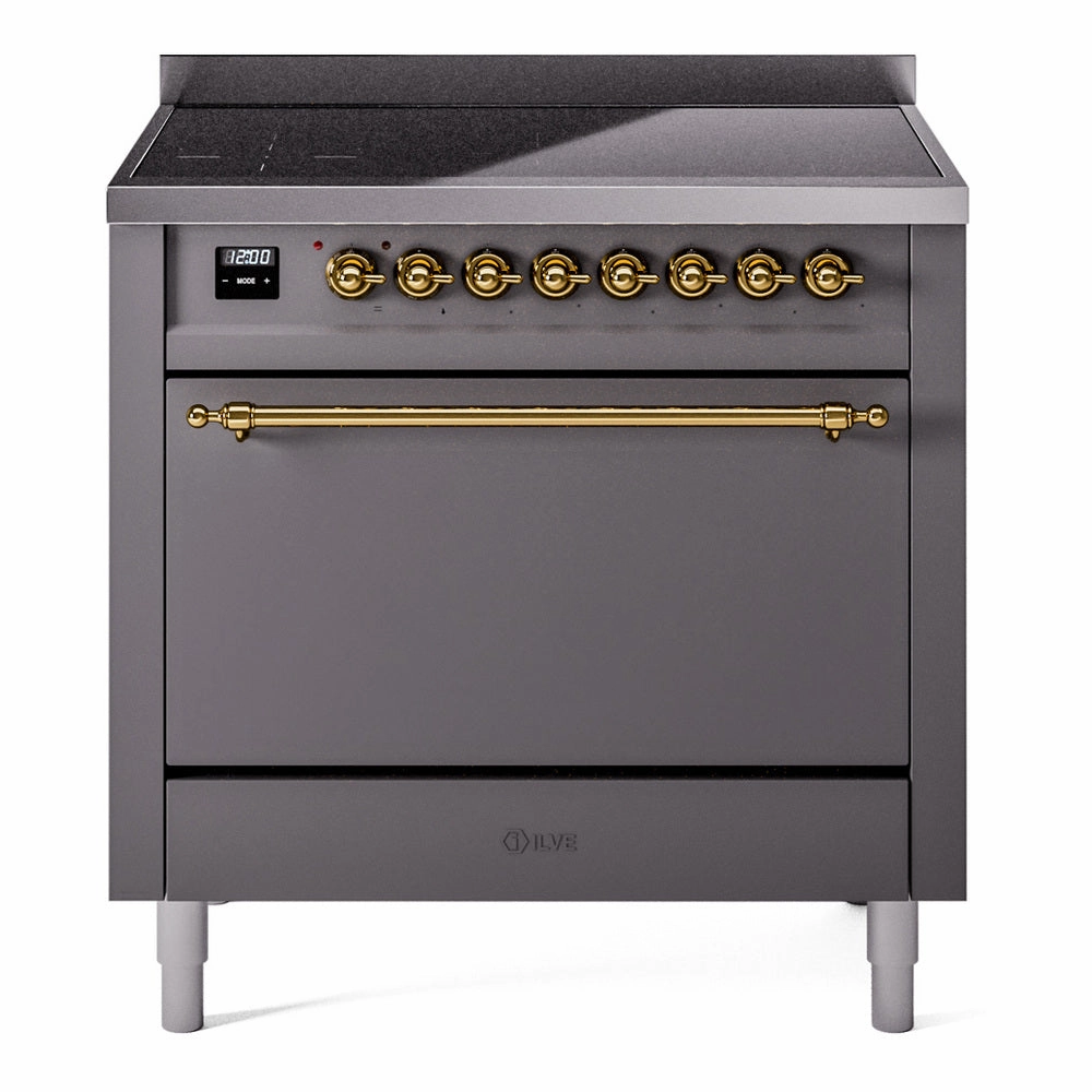 Ilve UPI366QNMPMGG Nostalgie Ii 36 Inch Electric Freestanding Range In Matte Graphite With Brass Trim