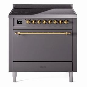 Ilve UPI366QNMPMGG Nostalgie Ii 36 Inch Electric Freestanding Range In Matte Graphite With Brass Trim