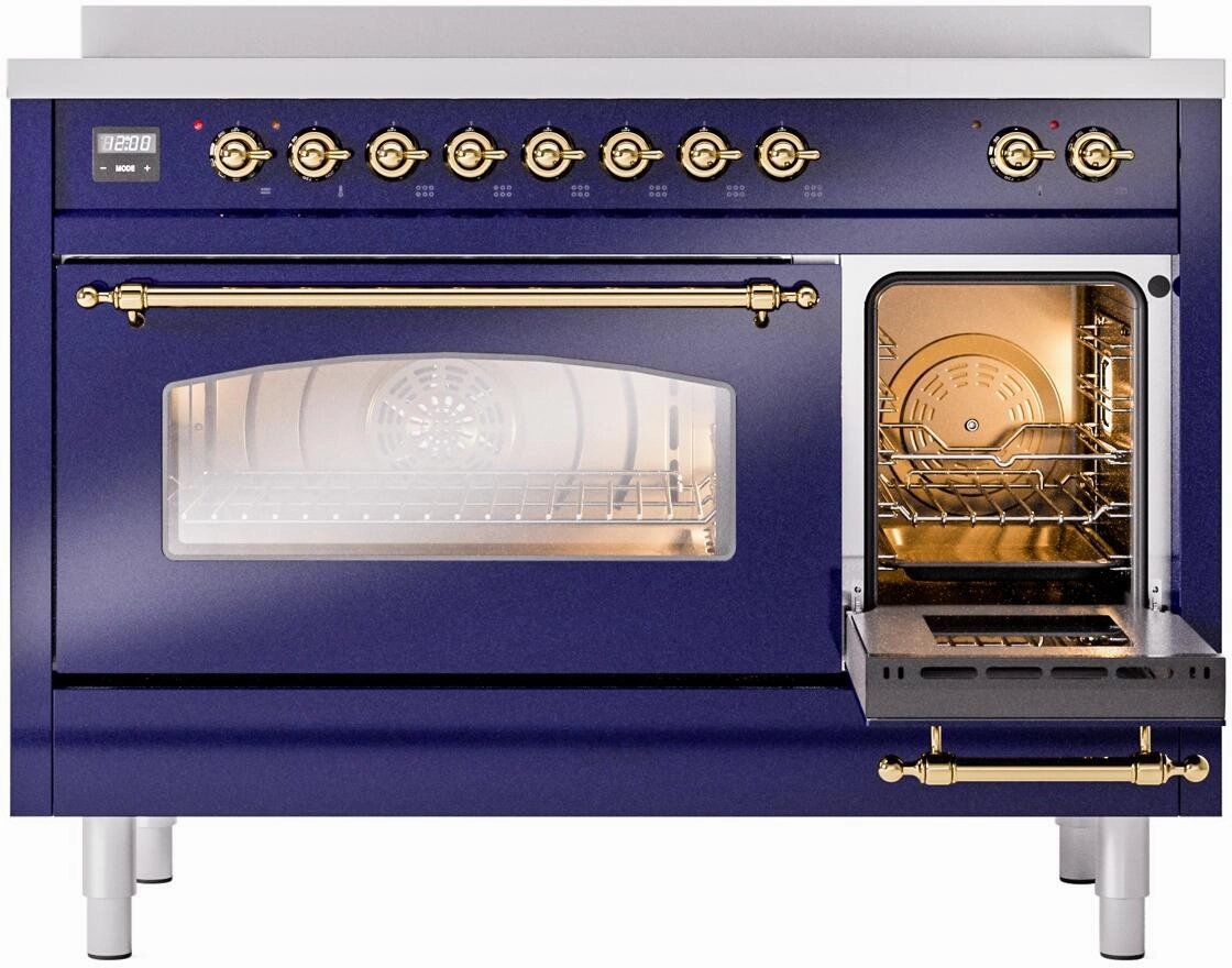 Ilve UPI486NMPMBG Nostalgie Ii 48 Inch Electric Freestanding Range In Blue With Brass Trim