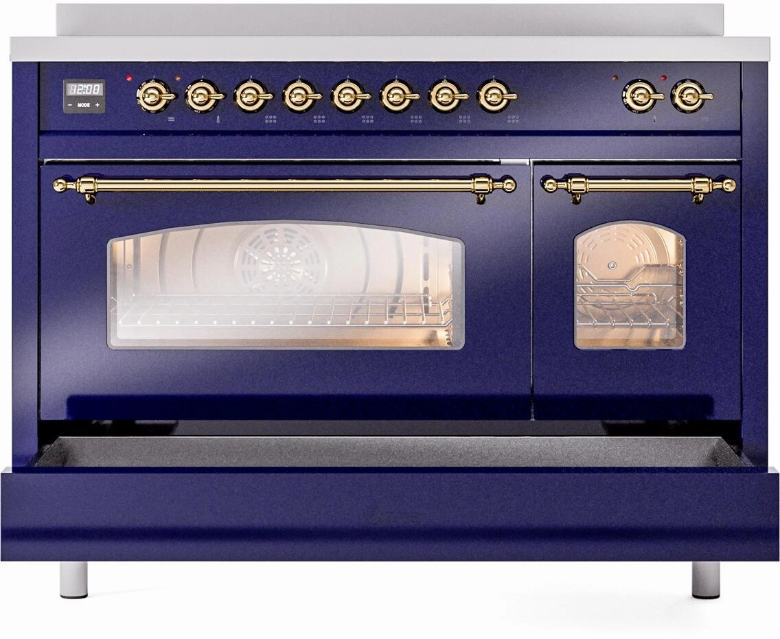 Ilve UPI486NMPMBG Nostalgie Ii 48 Inch Electric Freestanding Range In Blue With Brass Trim