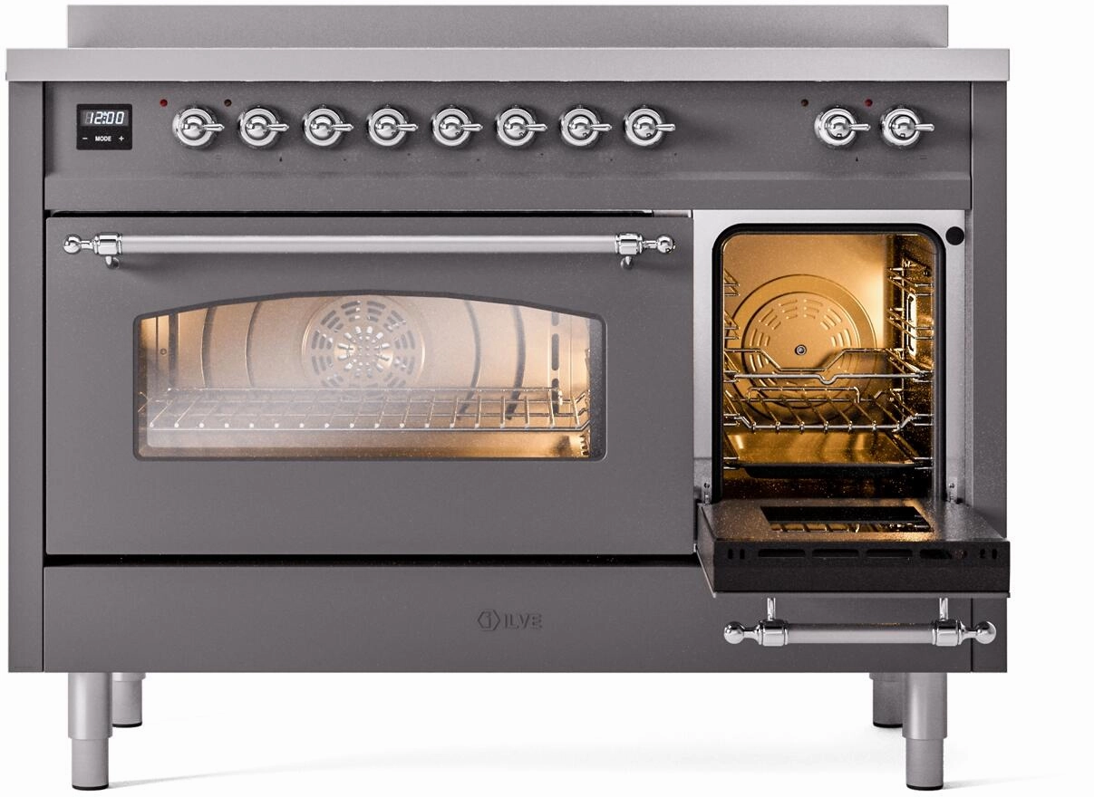 Ilve UPI486NMPMGC Nostalgie Ii 48 Inch Electric Freestanding Range In Matte Graphite With Chrome Trim