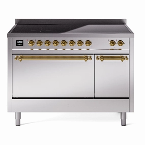Ilve UPI486QNMPSSG Nostalgie Ii 48 Inch Electric Freestanding Range In Stainless Steel With Brass Trim