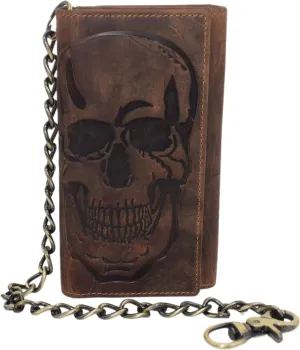 Biker Skull Chain Wallet Rfid Signal Blocking Men'S Vintage Leather Long Tri-Fold Chain Checkbook Card Id Wallet (Skull Black) Surprise Discount Today Shop Grab Savings
