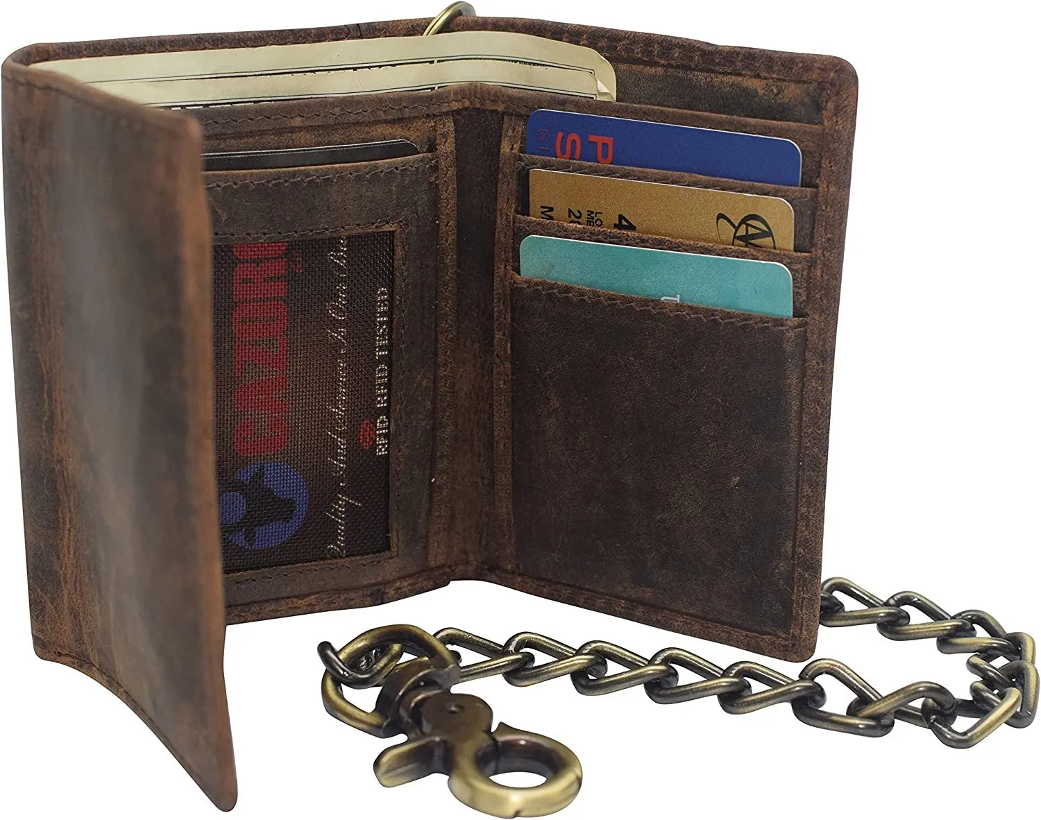 Deal of the Day Weekend Sale Special Cazoro Men'S Rfid Blocking Trifold Vintage Leather Biker Chain Wallet With Snap Closure (Dark Beige)