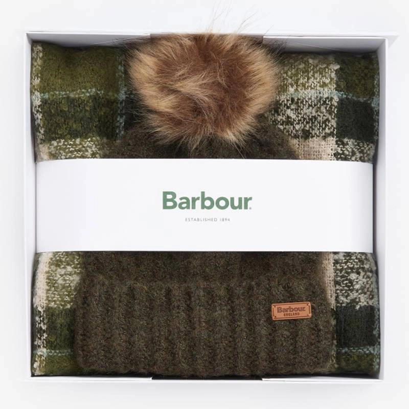 Barbour Saltburn Ladies Beanie & Tartan Scarf Set - Ancient Loden Clearance Savings Now