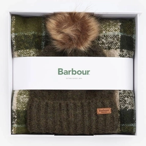Barbour Saltburn Ladies Beanie & Tartan Scarf Set - Ancient Loden Clearance Savings Now