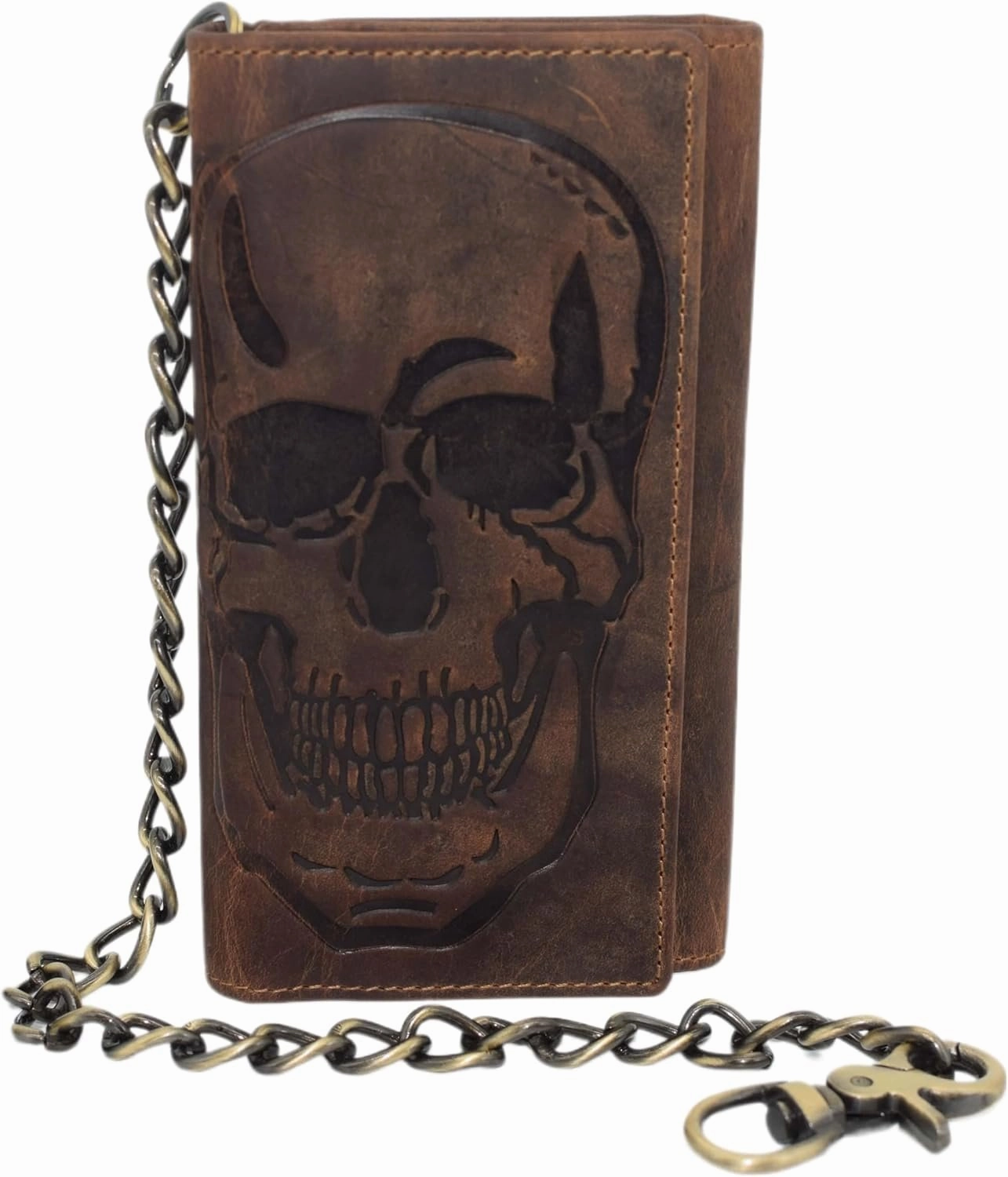 Biker Skull Chain Wallet Rfid Signal Blocking Men'S Vintage Leather Long Tri-Fold Chain Checkbook Card Id Wallet (Skull Black) Surprise Discount Today