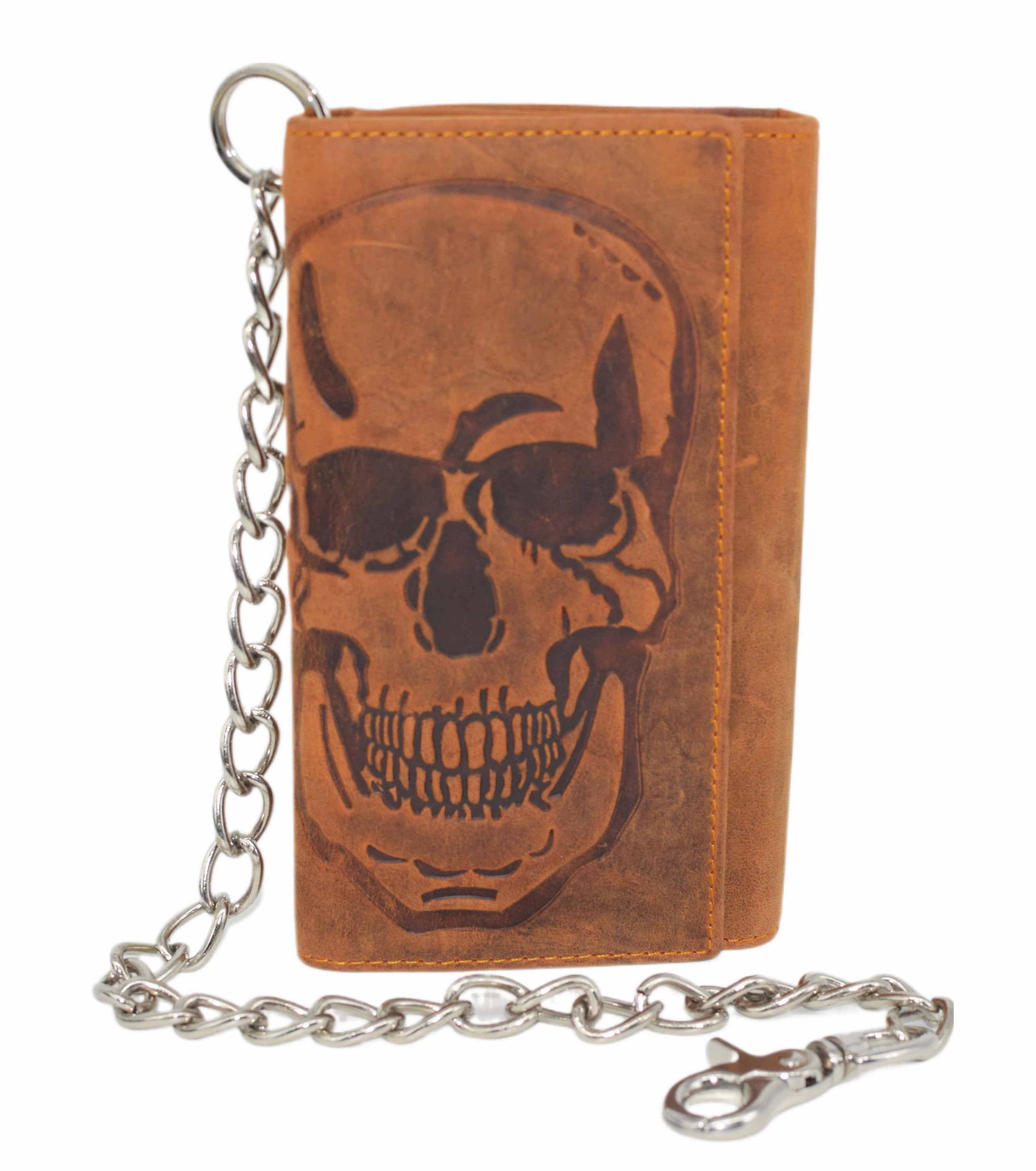 Biker Skull Chain Wallet Rfid Signal Blocking Men'S Vintage Leather Long Tri-Fold Chain Checkbook Card Id Wallet (Skull Black) Clearance Sale Now Shop Grab Savings