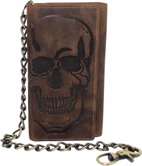 Biker Skull Chain Wallet Rfid Signal Blocking Men'S Vintage Leather Long Tri-Fold Chain Checkbook Card Id Wallet (Skull Black) Surprise Discount Today Shop Grab Savings