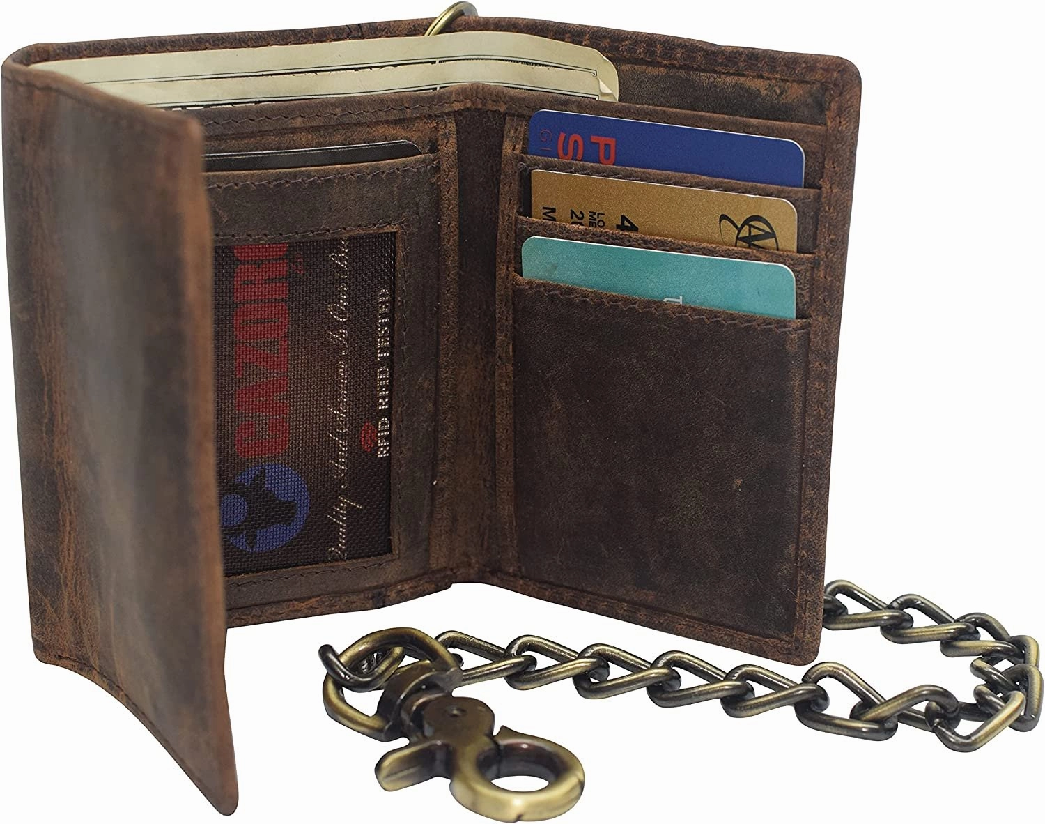 Deal of the Day Weekend Sale Special Cazoro Men'S Rfid Blocking Trifold Vintage Leather Biker Chain Wallet With Snap Closure (Dark Beige)