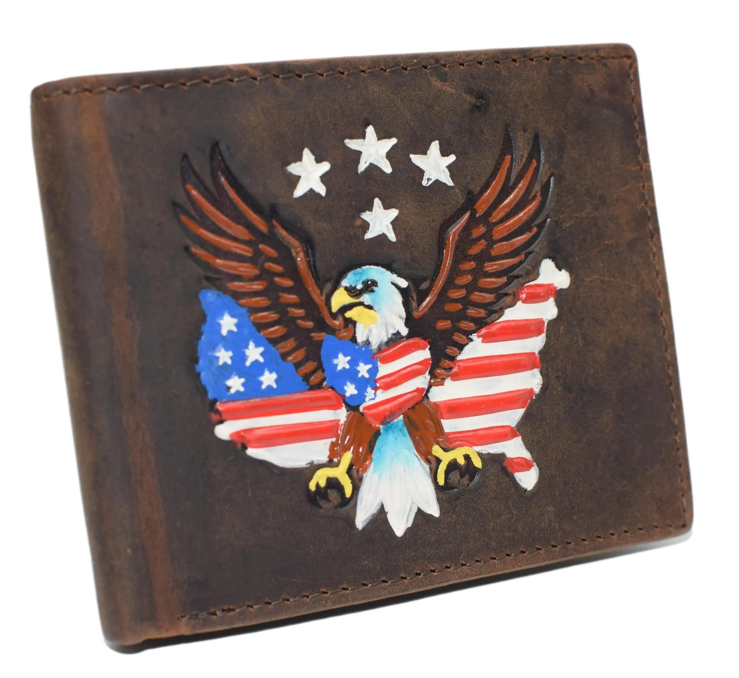 MenS Rfid Blocking Leather Bifold Wallet  Patriotic American Eagle With Usa Flag Design  Vintage Genuine Leather Clearance Blowout Instant Savings Deal