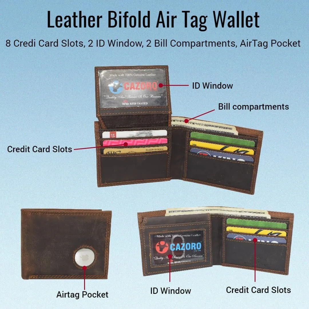 Limited Edition Offer Cazoro Airtag Wallet - Bifold Genuine Leather Rfid Blocking Men'S Wallet With Airtag Holder 2 Id Windows 10 Cards Holders - Airtag Not Included (Brown)