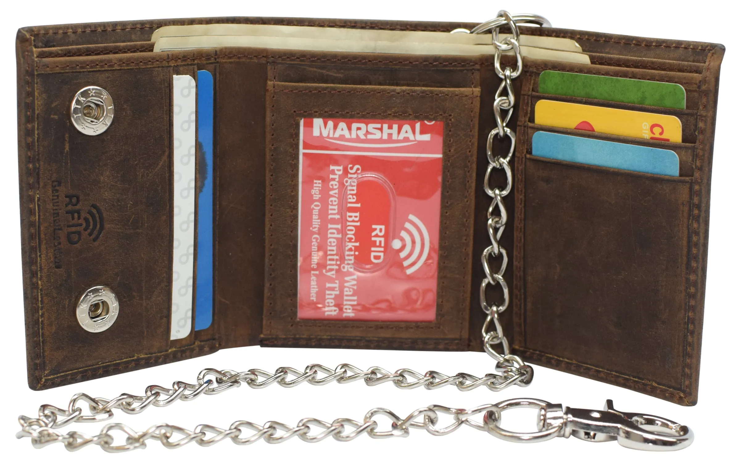 Trending Savings Now Rfid Blocking Men'S Tri-Fold Leather Biker Silver Chain Wallet With Snap Closure