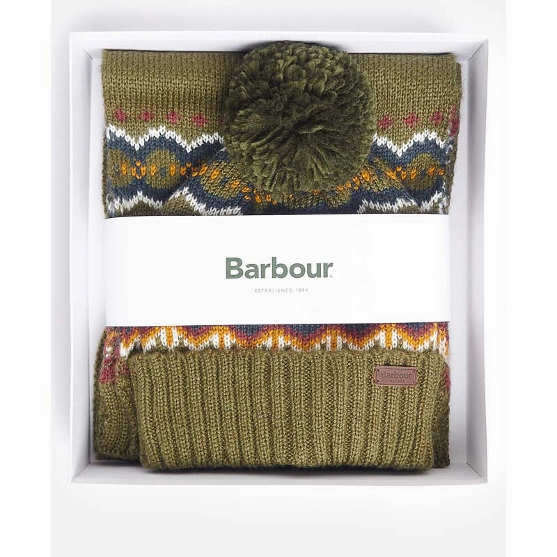 Barbour Fairisle Beanie & Scarf Gift Set - Olive Perfect Gift Sale