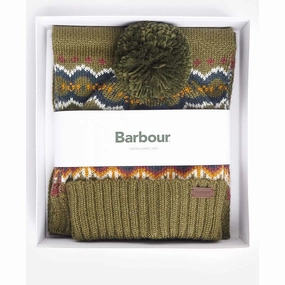 Barbour Fairisle Beanie & Scarf Gift Set - Olive Perfect Gift Sale
