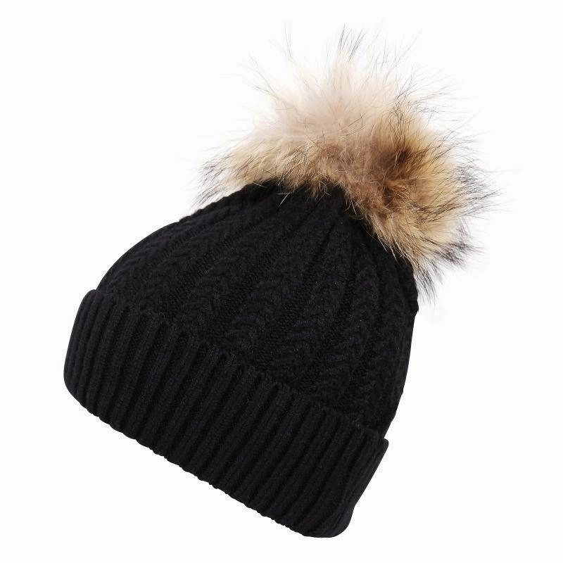 Dont Miss Hot Deals Luxury Ladies Wool Fur Pom Pom Hat - Black