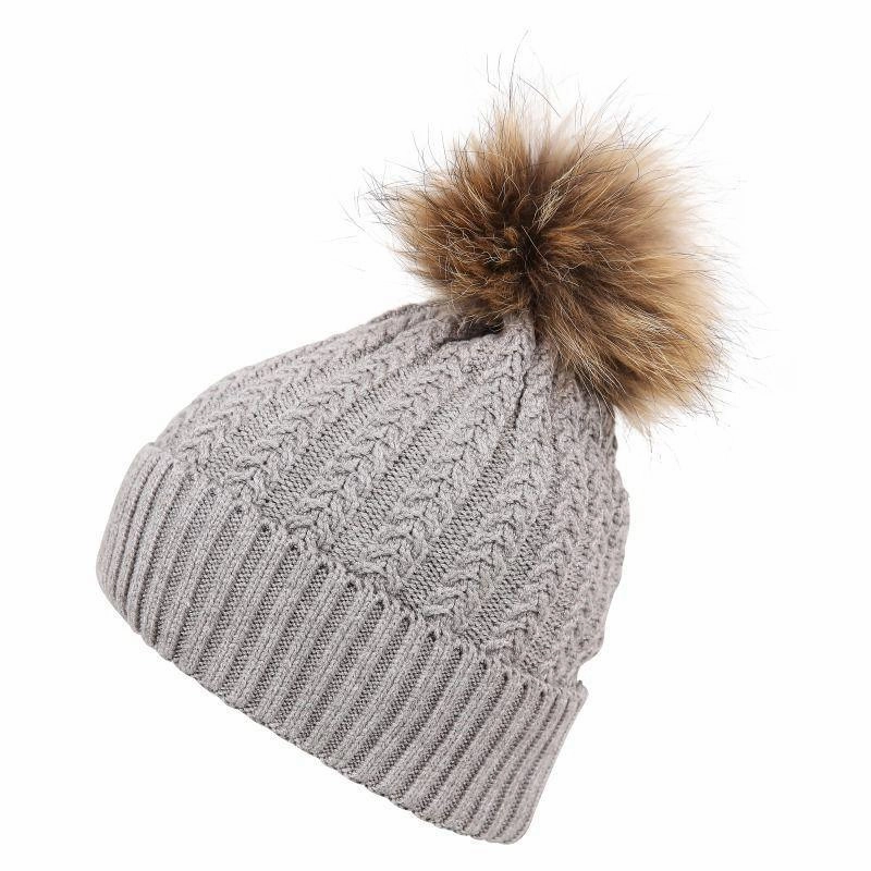 Luxury Ladies Wool Fur Pom Pom Hat - Light Grey Hot Offer Ending Soon